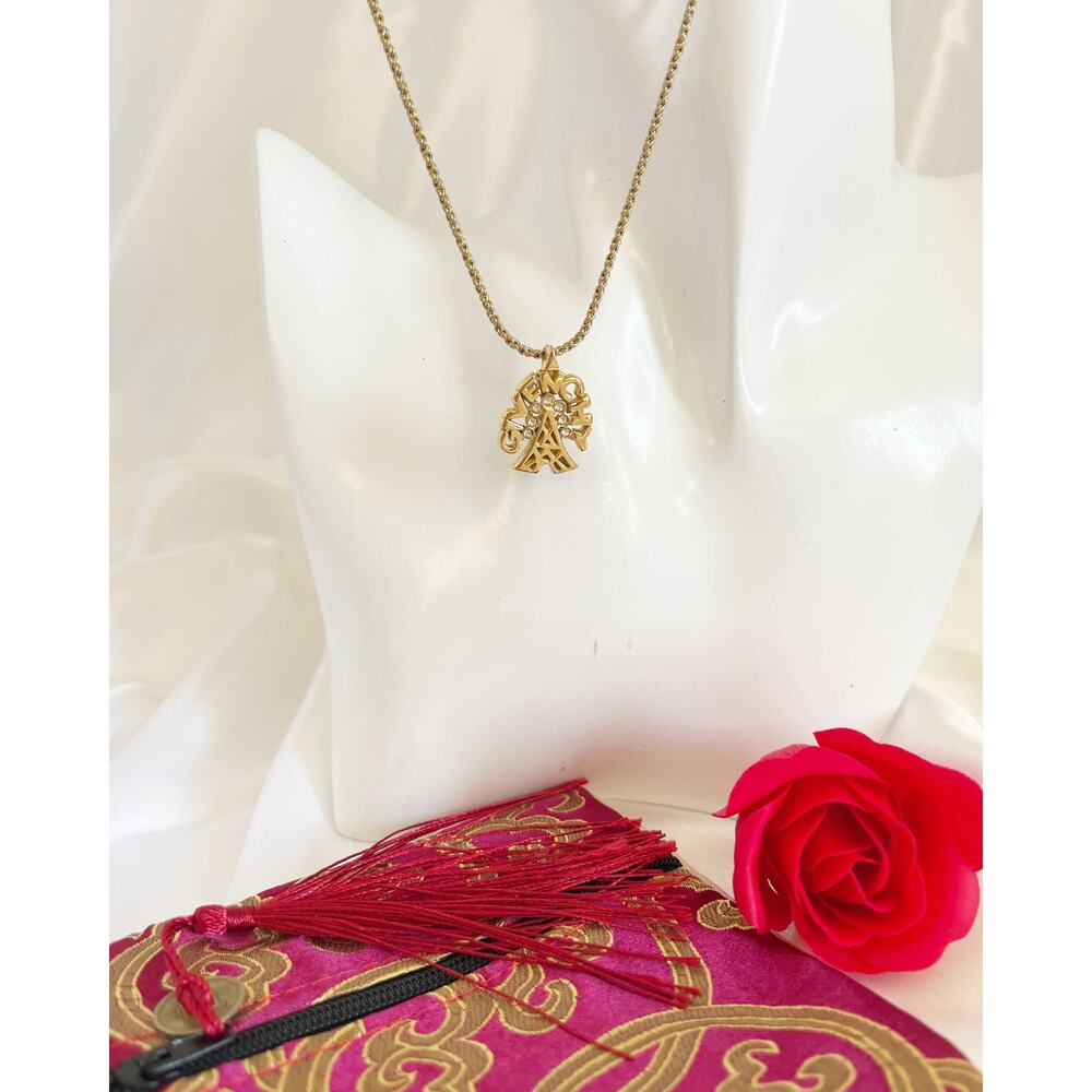 GIVENCHY Eiffel Tower Gold Necklace Vintage Accessory Pendant Logo Rhinestone - Picture 4 of 15